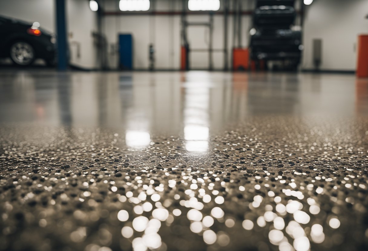 A garage floor with various coating options displayed, including polyaspartic, epoxy, and urethane coatings. Different textures and finishes are visible