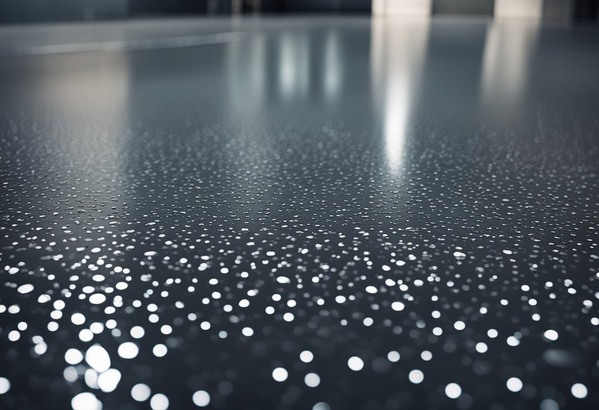 A garage floor with a glossy polyaspartic coating, showing customizable color options and a smooth, reflective finish